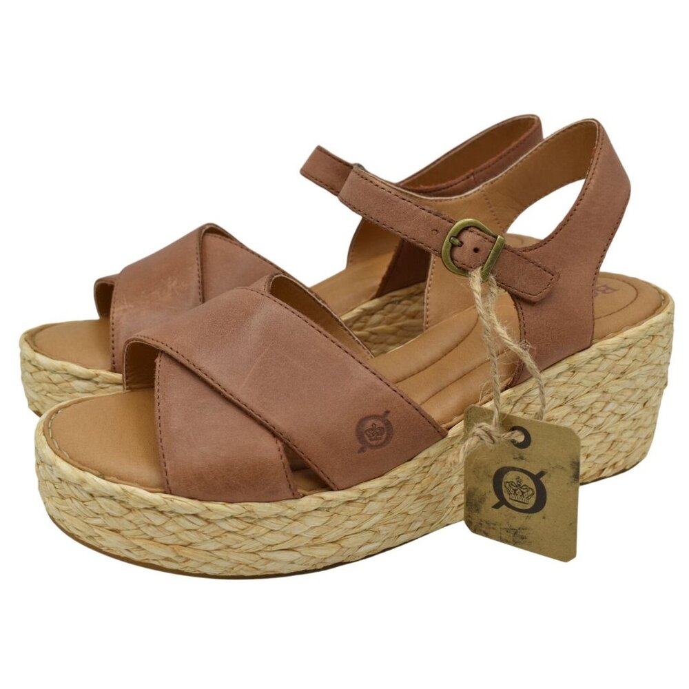 Born Womens Size 11 Moriah Brown Full Grain Leather Espadrille‎ Wedge Sandals